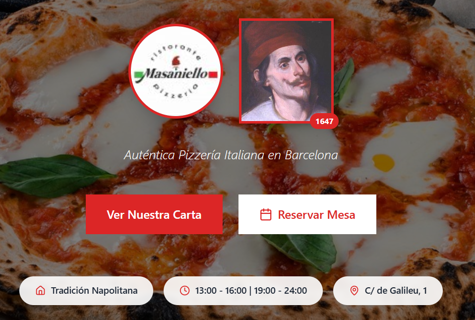 Diseño web de Masaniello Barcelona creado por Neoweb - Restaurante italiano en Barcelona